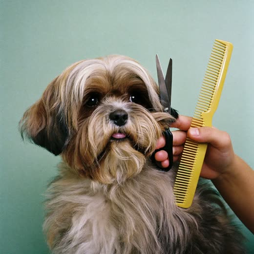 A cockapoo having its face trimmed with scissors